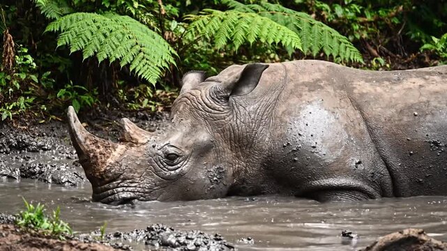 Massive Indian rhinoceros immerses itself in muddy water amidst lush forest foliage for a refreshing wallow.