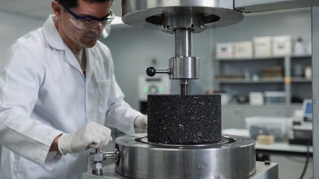 Lab technician conducting stability test on Marshall asphalt specimens adjusting loading device to assess material strength and deformation.