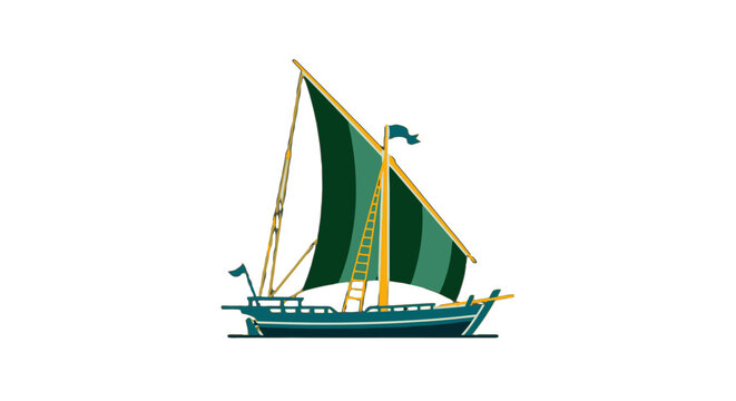 Traditional wooden sailboat with green sails and flags.