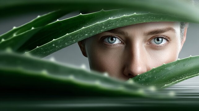 Woman looking through aloe vera leaves with a focused expression and clear eyes
