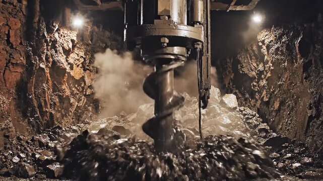 Massive industrial drill rig bores deep into the earth, excavating minerals and rock with immense power