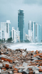 Obraz premium Coastal erosion storm damage city skyline sea wave rubble debris climate change adaptation, coastal erosion and storm damage beside city skyline