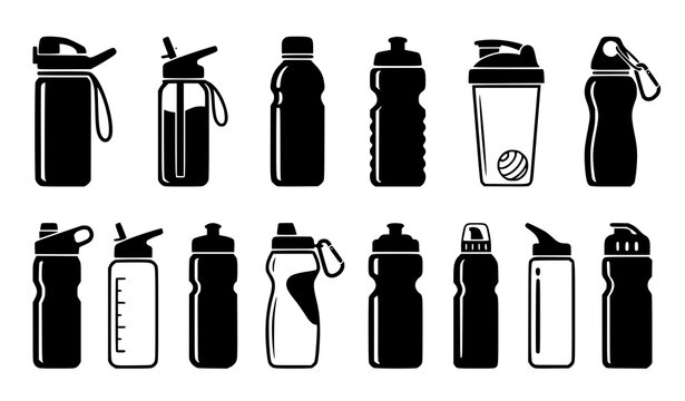 Sports water bottle icon vector collection with assorted lid designs isolated on white background