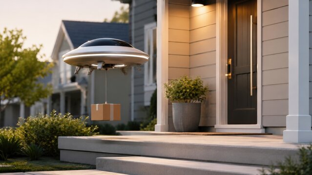 Futuristic Drone Delivering Package to Suburban Home, Showcasing Innovative Delivery Technology and Modern Architecture in a Friendly Neighborhood Setting