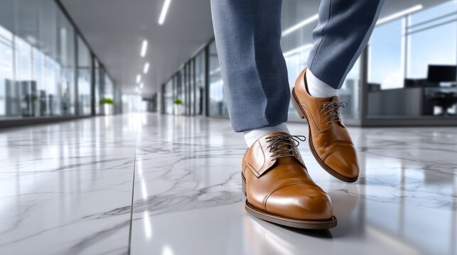Business professional walking in office space showcasing polished footwear and confident strides
