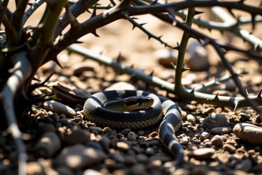 Snake coils among thorny branches on rocky ground