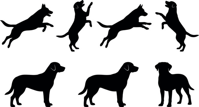 Dog silhouette vector set with labrador shepherd icons jumping standing begging pets isolated on white background
