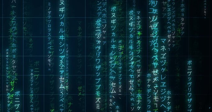 Neon Encrypted Digital Katakana Matrix Rain Japanese Text 4K. Dark technological backdrop evokes theme of Data Science, AI AGENTS, Communication. Ceaser text shown in e2e encryption. Sci-fi gaming bg 