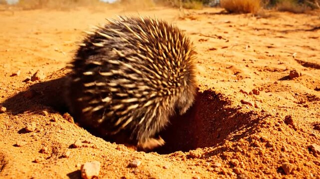Short-beaked echidna diligently burrows into sandy Australian outback terrain for shelter