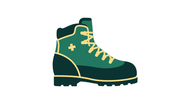 Green hiking boot with yellow laces and black sole.