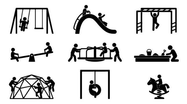 Playground icons, black silhouette playground equipment, kids' playset symbols, vector graphics