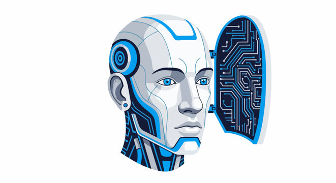 Robotic Head with Open Brain Compartment Revealing Circuitry, Artificial Intelligence and Machine Learning Concept, Cybernetic Humanoid Face Vector Illustration
