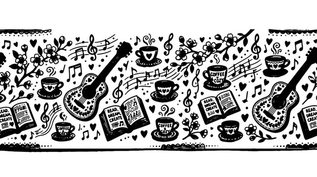 Black and white music seamless pattern, guitar, coffee cup, musical notes border design, vector illustration
