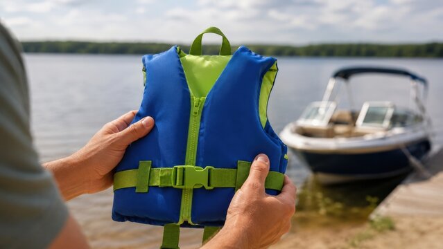 A person holding a colorful life jacket by the tranquil waterside, preparing for a safe boating adventure on a sunny day.