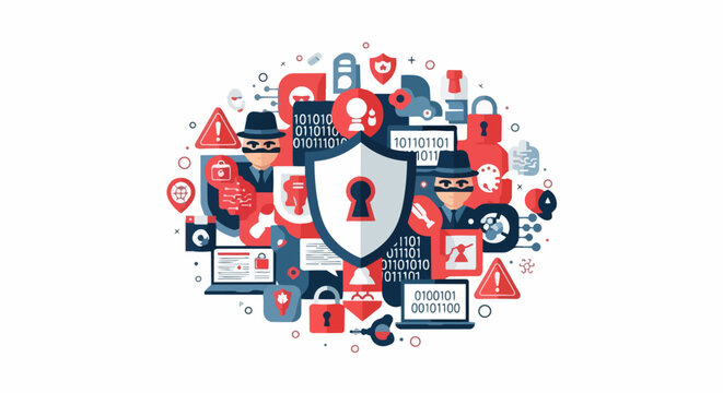 Cybersecurity Concept Flat Vector Illustration with Shield, Padlock, Binary Code, and Hacker Characters for Data Privacy and Network Protection