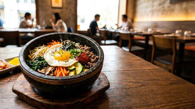 Steaming bibimbap in stone pot on wooden table with blurred restaurant background and soft lighting