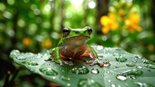 Small green frog resting on a dewy leaf in a lush forest environment, captured with a macro lens