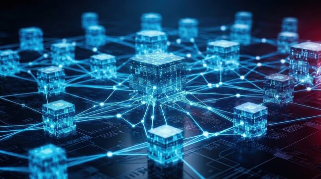 Abstract data center network with glowing blue connection lines and digital blocks representing cloud computing infrastructure for big data storage and global information transfer technology concept
