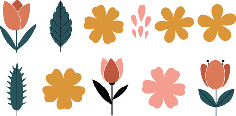 Minimal floral illustration set with abstract flowers and leaves in warm pastel flat style for modern decor, patterns, stationery, and feminine branding designs © Mst