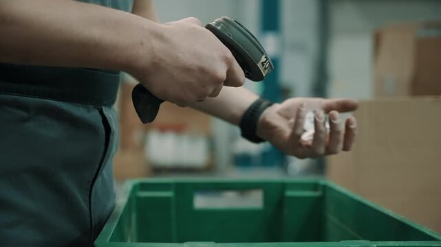 Warehouse worker using a handheld barcode scanner to process items in a green plastic crate, performing inventory tracking and order picking tasks in a logistics environment