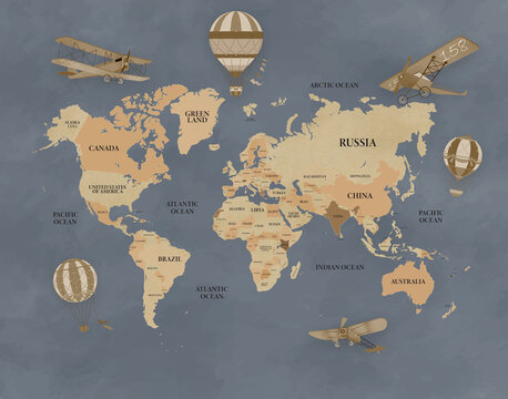vintage map of the world in the old style with dark blue color. idea for wall design. room design. wallpaper.