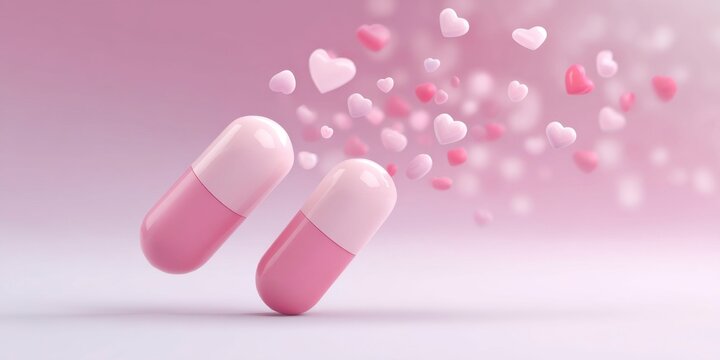 two pink pill capsules with hearts spilling out, a pink glow behind them, on a gradient background