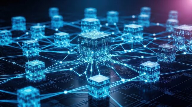 Abstract data center network with glowing blue connection lines and digital blocks representing cloud computing infrastructure for big data storage and global information transfer technology concept