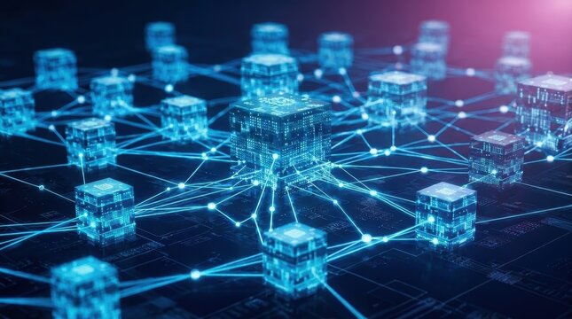 Abstract data center network with glowing blue connection lines and digital blocks representing cloud computing infrastructure for big data storage and global information transfer technology concept