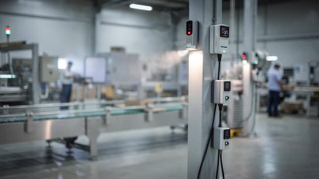 Medium shot capturing dust sensors positioned on a manufacturing floor measuring airborne particulate matter to maintain safe and compliant air standards.