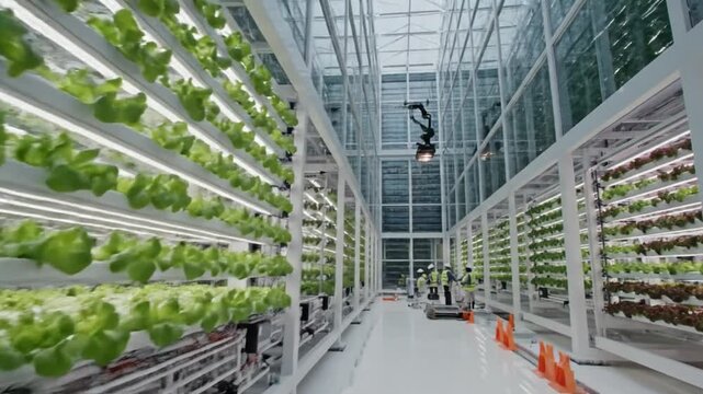 Sleek vertical farm construction featuring advanced hydroponic systems and automated growth racks under bright artificial lighting