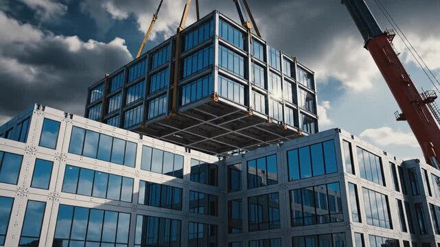 Modern building section being lifted by a crane amidst cloudy skies, showcasing construction progress and urban development.