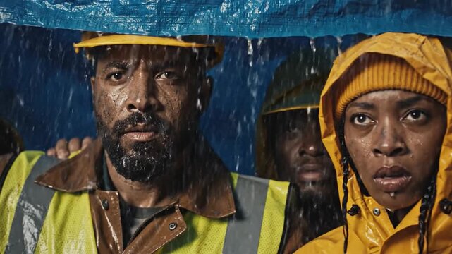 Construction workers huddled under tarps during a sudden downpour seeking shelter
