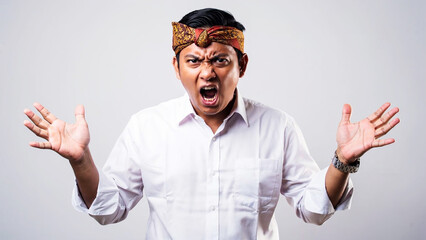 Fototapeta premium An Asian man who is demonstrating various expressions, confusion, happiness, anger, dizziness, smiling, pointing his finger,