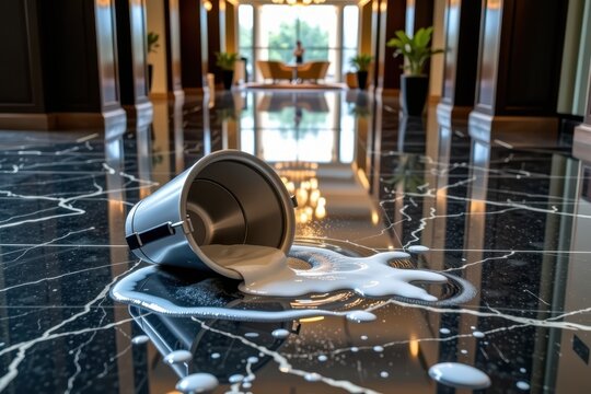 Splashed milk spills from tipped cup on polished marble floor
