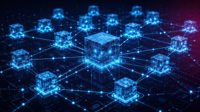 Abstract data center network with glowing blue connection lines and digital blocks representing cloud computing infrastructure for big data storage and global information transfer technology concept