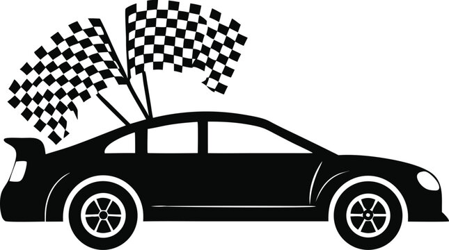 Black silhouette of race car with checkered flags racing
