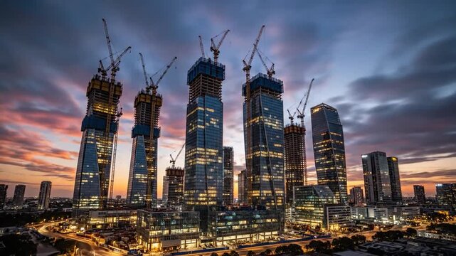 Modern city skyline transforms with new glass towers and construction cranes at sunset