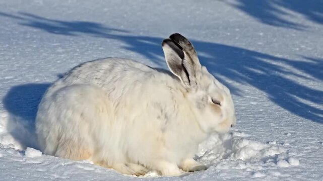 Snowshoe Hare with White Winter Fur Camouflaged in Snow