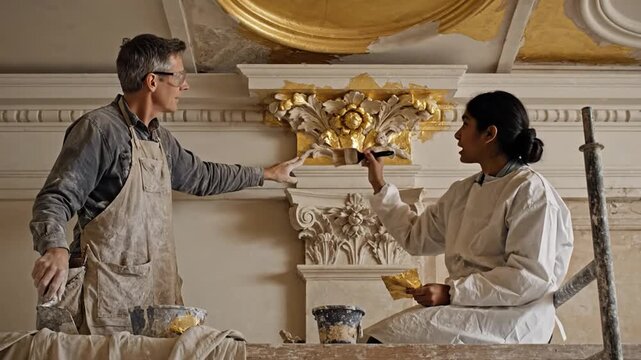 Skilled artisans meticulously crafting and restoring ornate decorative plasterwork in a historic interior setting
