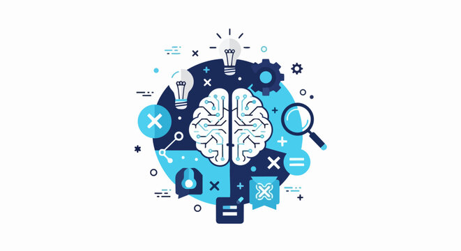 AI Brain and Creative Thinking Concept Vector Illustration. Digital Machine Learning, Neuroscience, Innovation, and Problem Solving Graphic with Tech Icons.
