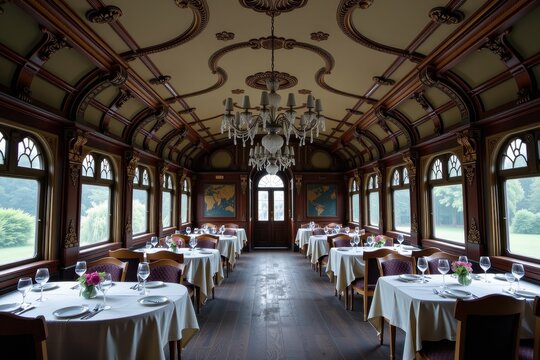 Elegant dining car glows under ornate chandeliers