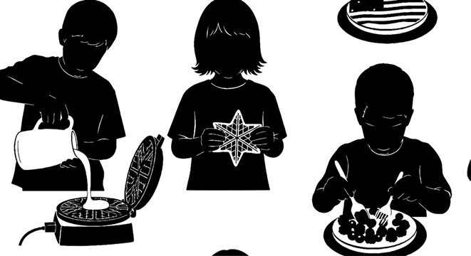 Children making and eating waffles silhouette pattern