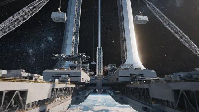 Futuristic space elevator reaching towards Earth's orbit, a grand terrestrial anchor for interstellar travel and habitation