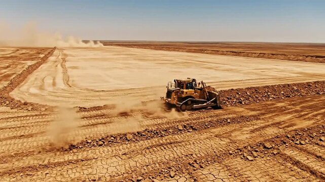 Powerful bulldozer grading sun-baked earth on a large construction site creating a flat leveled terrain