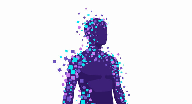 Digital Human Silhouette Disintegrating into Pixels and Data Points, Artificial Intelligence and Metaverse Concept Art