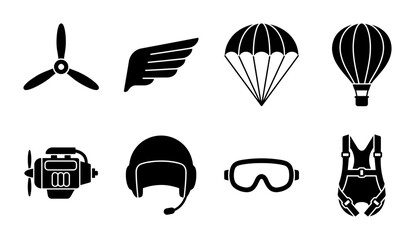 8 Aviation and Skydiving Silhouette Icons, Flat, for Adventure and Travel Design © Svgmust