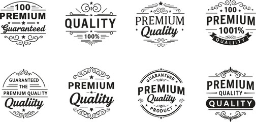 Obraz premium Premium quality badge typography illustration set with vintage guarantee labels, seals, and ornamental lettering in monochrome style for branding, packaging, and product design