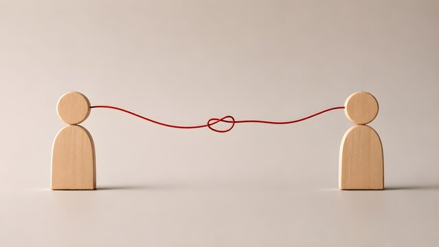 Strong bond and unity concept with two wooden figures connected by a red string tied in a knot representing teamwork and problem solving