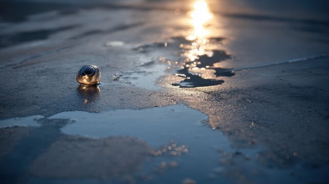 A solitary snail leaves a glistening trail across a smooth, wet stone under soft sunlight, capturing a moment of natural, delicate movement.