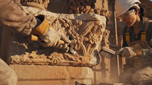 Skilled artisans meticulously restore intricate stone carvings on a historic building facade, showcasing dedication to preserving ancient architectural heritage.